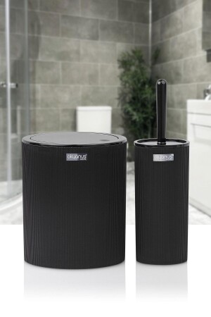 Mina schwarz gestreifter runder WC-Eimer und Bürsten-Set, 2 Stück, OKY-432 - 1