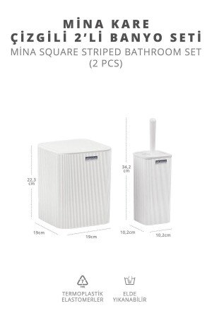 Mina weiß gestreifter, quadratischer WC-Eimer und Bürste, 2er-Set - 5