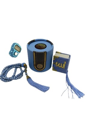 Mini-Zylinder-Box-Mevlit-Geschenkset Blau (Mini-Koran + Perlenrosenkranz 99 + Stein Zikirmatik) - 4