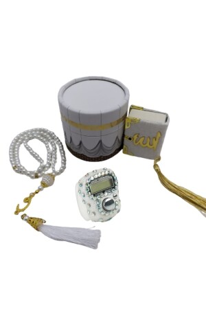 Mini-Zylinder-Box-Mevlit-Geschenkset mit Kaaba Weiß (Mini-Koran+Perle Tasbih 99+Stein Zikirmat - 1