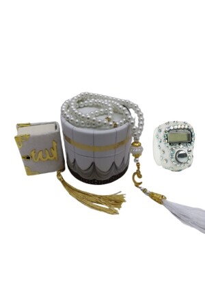 Mini-Zylinder-Box-Mevlit-Geschenkset mit Kaaba Weiß (Mini-Koran+Perle Tasbih 99+Stein Zikirmat - 2