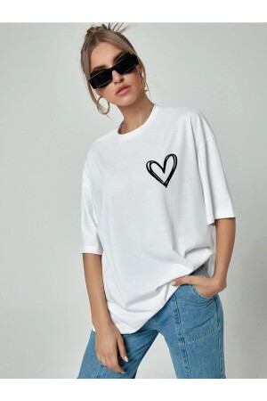 Minimal Kalp Baskılı Beyaz Oversize Tshirt - 3