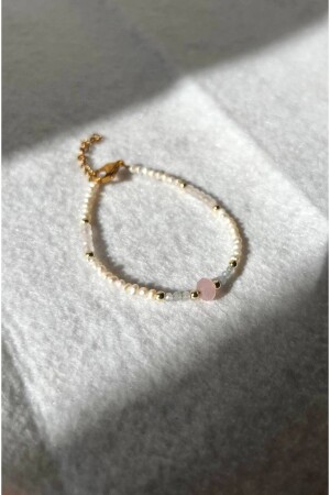 Minimal Pearl Steel Armband Damen echte Perle rosa Quarz und Aquamarinsteine - 5