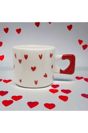 MNZ-Minimalist Red Heart Patterned Handmade Natural Ceramic Heart Cup / Mug - كوب الشاي والقهوة - Ikiseramik