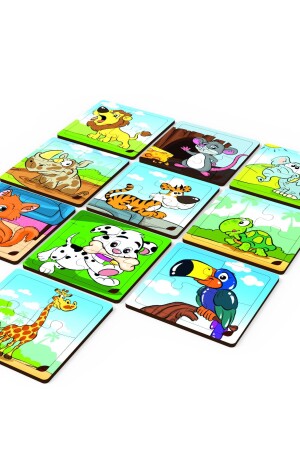 minIQ Toys Mini-Puzzle aus Holz, 10er-Set – schelmischer Hund, Saskin-Katze, lauter Löwe, Zwerggiraffe. - 3