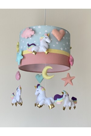 Mint Yıldızlı Pudra Beyaz Unicorn Figürlü Kız Bebek Odası Özel Tasarım Avize Unicorn1 - 3