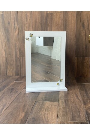 Mira Ahşap Beyaz Raflı Banyo Aynası - Banyo Dolabı - Ofis Bahçe WC Lavabo Aynası (60x45 cm) DİK - 1