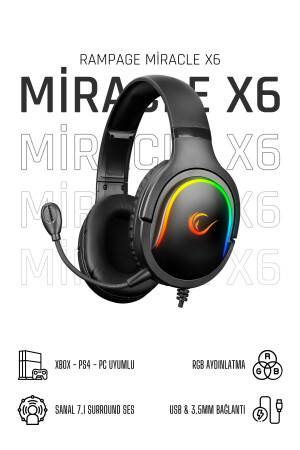 Miracle X6 Schwarz RGB Led USB Und 3. 5 mm verstellbares Mikrofon-Gaming-Headset 36762 - 1