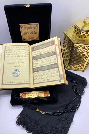 Mit dem Namen Velvet Quran Hayrat Neşriyat, mittelgroße Box (SCHWARZ), Gebetstuch, Gebetsperlen, Lesezeichen-Set - 5