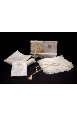 Mitgift – Geschenk – 4-teiliges Brautpaket-Set – Nadelbesticktes Gebetstuch – Taft-Gebetsteppich – Yasin – Rosenkranz 70 x 120 - 2