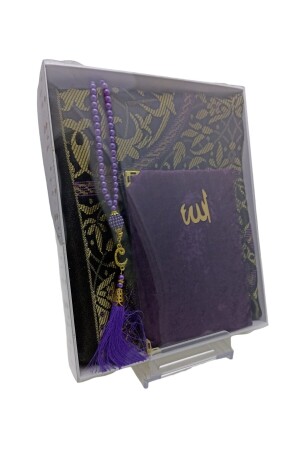 Mitgift-Geschenkbox, lila Gebetsteppich-Set, luxuriöser Taft-Gebetsteppich, Perlen-Gebetsperlen, mit Samt überzogen, Yasin, 70 x 110 - 1
