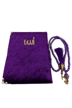 Mitgift-Geschenkbox, lila Gebetsteppich-Set, luxuriöser Taft-Gebetsteppich, Perlen-Gebetsperlen, mit Samt überzogen, Yasin, 70 x 110 - 4