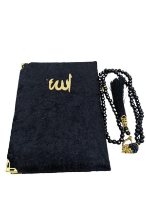 Mitgift-Geschenkbox, schwarzes Gebetsteppich-Set, luxuriöser Taft-Gebetsteppich, Perlen-Gebetsperlen, mit Samt überzogen, Yasin, 70 x 110 - 3