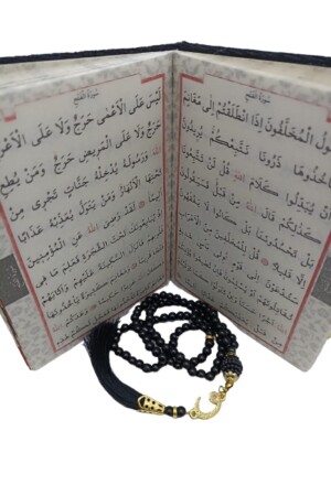 Mitgift-Geschenkbox, schwarzes Gebetsteppich-Set, luxuriöser Taft-Gebetsteppich, Perlen-Gebetsperlen, mit Samt überzogen, Yasin, 70 x 110 - 4