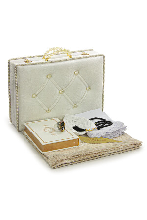 Mitgiftbox, Gebetsteppich-Set mit Aufbewahrung, geeignet für Bräutigam und Braut, Bündel, Geschenk, Schal, Koran-Set, Weiß, 70 x 120 - 3
