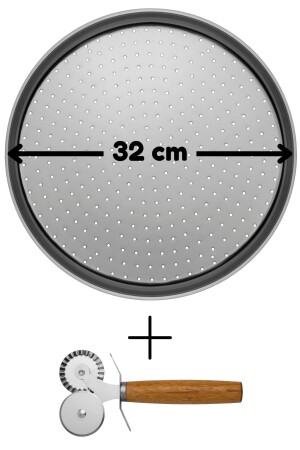 Mittelgroßes, perforiertes Pizzablech, Lahmacun-Pita-Tablett, 32 cm, Doppelkopf-Pizza-Roulette, 32 cm Tablett und Roulette - 1