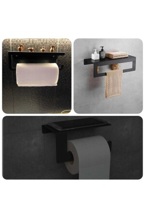 MNZ - حمام، مطبخ، رف منشفة المرحاض مع رف - رف منشفة المرحاض - حامل ورق المرحاض 01 - أبيض أسود - DERDENİX