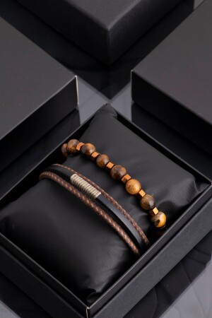 MNZ-حبل تفاصيل الأسود البني الجلد الأصلي والنمر العين الحجر الطبيعي المزج الرجال المجموعة 019 SRT476-019 - Sortie Aksesuar