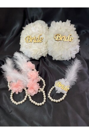 مقعدات العروس من طراز MNZ مع كتابة ذهبية + 1 سوار عروس + 5 سوار عروسة مسحوق وردي - Emirhan Lazer Kesim