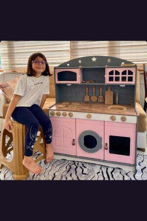 مجموعة خدمة المطبخ لعبة خشبية مطبورة من MNZ (مع 1 هدية إضاءة LED) HDF76865488202201PZLM - Hedef Ahşap