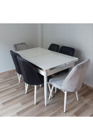 مجموعة طاولة تناول الطعام الممتدة من MNZ 100٪ طاولة MDF طاولة الفضة البيضاء غرفة المعيشة ومطبخ طاولة BGŞ101 - Kristal Evim
