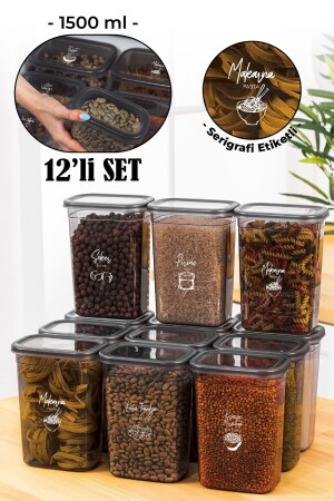 مجموعة MNZ من 12 حاوية تخزين مستطيل بيجي مع علامة طباعة الشاشة البيضاء 1500 مل أنتراتيت PGGY12LI1500 - Vienev