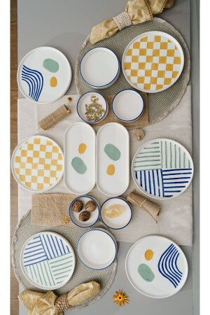 صناعة (MNZ) اليدوية 14 قطعة طعام الإفطار الحديثة لـ 6 أشخاص - طعام الإفطار الفاخرة عرض الصحن طعام الإفطار الحديثة - Kevin Seramik