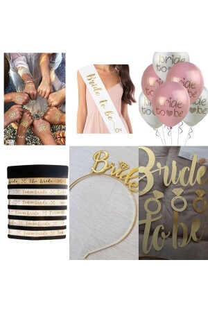 عروس من نوع MNZ - تعريفة 18 قطعة 5 أوشام مؤقتة - 5 سوار - 1 تاج معدني ذهب - 1 ساش - 5 بالونات - نص عروس - Cosyfun