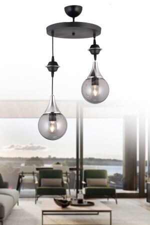 المصابيح المعلقة MNZ لاكتة سوداء 2 قطعة مدخنة الكرة الكهربائية الزجاج الكروم إلى أسفل وجهة الفخام الشنابل 2483 - KARDELEN AYDINLATMA AVİZE
