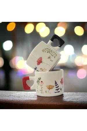 MNZ-حزمة من 2 زهرة أحمر أسود أنيقة طباعة يدويا الطبيعية القرمية كوب القلب كوب - كوب - Ikiseramik