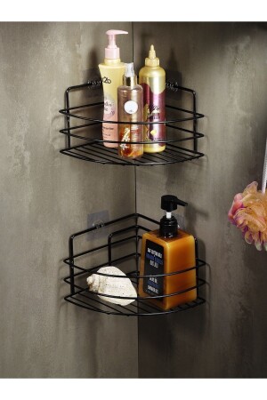 MNZ-حياة الأمد لاصقة لاصقة حمام الزاوية منظمة شامبو حامل غرف الاستحمام 2 قطع أسود Tk-01 - Sas Haus