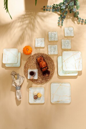 MNZ-مربر أبيض مربع 24 قطعة شاي مجموعة من الرخام الأبيض 24 قطعة شاي مجموعة - GÜRCÜGLASS