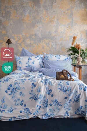 MNZ-سيفيلا 240x220 King Size Duvet Cover Set 2 غطاءات وسادة زرقاء زهرية مزدوجة الجانب مشبك - Leruum London