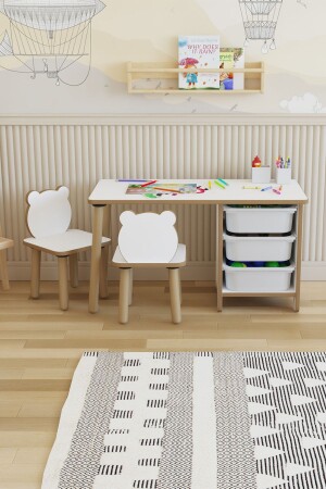 مقعد الطاولة للأطفال MNZ - مجموعة الدراسة والنشاطات - جدول مع 3 أسطوانات - سطح مسح الكتابة - 2 مقاعد باندا نشاط مع الجانب - POFİTTO