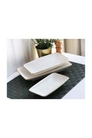 سيراميك MNZ مستطيل 3 قطع لوحة القارب الذهب الأبيض 3 BPA الحر الحر لوحة القارب البيج البورسلين - Genel Markalar