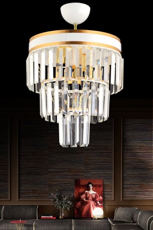 MNZ-باريس 3 طبقات أبيض إلى ذهب زجاجي الحجر 30' شمعة حديثة 03293 - KARDELEN AYDINLATMA AVİZE