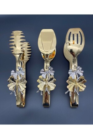 سلاطة معدنية من الذهب من طراز MNZ - كعك البستا - تقديم - الطعام - الألسنة مجموعة من 3 مع لوازمات الفراشة - Fiyakalı Ürünler
