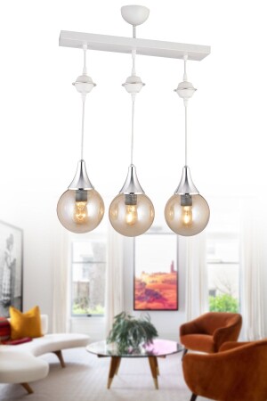 MNZ-معلقة مصباح صف صالون أبيض 3 قطع عسل غلاف الزجاج العلوي الكروم إلى أسفل وجهة فخمة الشنابل snsz50180 - SONSUZ AYDINLATMA&AVİZE