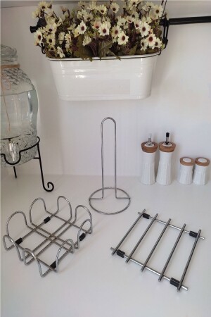 MNZ-الفخامة 3 قطعة خدمة وتقديم مجموعة Trivet + حامل النابكين + حامل المناشف المرفقة الفضة BTS2489244448034 - BİTERSE