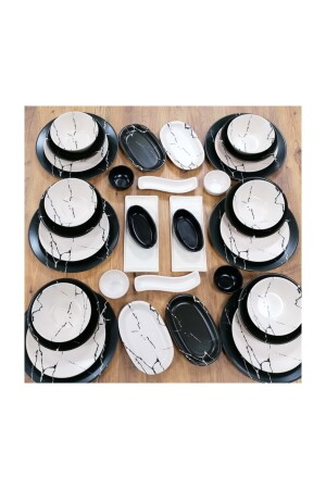 مجموعة الطعام من طراز MNZ 38 قطعة لـ 6 أشخاص نمط الرخام الأسود المقطوع dmt0003803838 - Demet Çeyiz