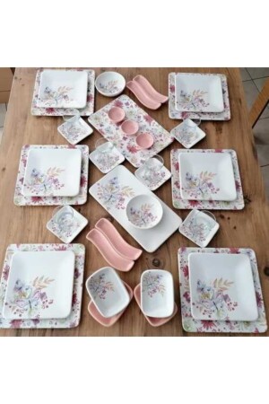 طعام الإفطار من طراز MNZ - 39 قطعة لـ 6 أشخاص طائر فراشة وردي متطط 20202039 - Demet Çeyiz