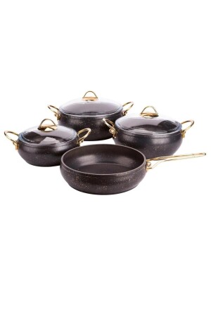 MNZ-غرانيت 4 قطع كاسيرول مجموعة الذهب المقبض الأسود K-540 NFD-0924 - Özkent