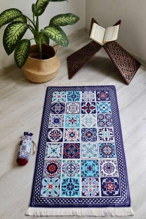 MNZ-ممارسة ومتحمولة الحرير النسيج السجادة الصلاة مع 40 ملصق نمط S100110 بحرية الأزرق - Bilenler