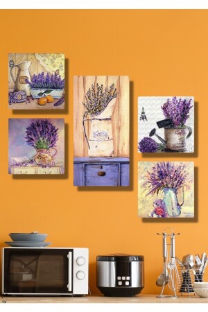 MNZ الخشبية 5 قطع زهور الأرجواني ديكور الجدار طلاء للفراش - Nt Handmade