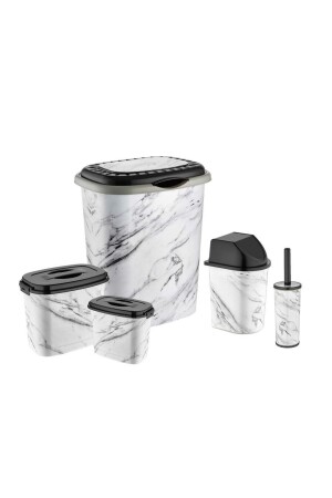 نمط من الرخام الأبيض من طراز MNZ 5 قطع غسيل الحمام مجموعة سلة قذرة + مادة غسيل ، فرشاة WC قمامة القمامة abn-2 - abnturk