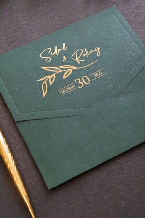 دعوة زفاف من طراز MNZ - ذهبية مع ملف أخضر (50 برنامج) - Luna Davetiye