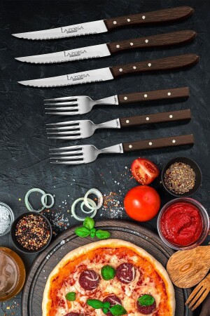 طقم سكين مطبخ من طراز MNZ طقم سكين طقم ستيك اللحم الشوك طقم سكين اللحم مطعم طقم خشب من طقم 6 مطبخ307 - LAZBİSA