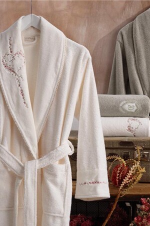 ملابس حمام من القطن من الخلفية من طراز MNZ - 6 قطع كريم الساري - بيج 8681663007418 - Dantela