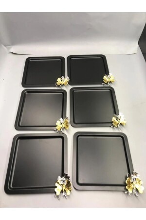 MNZ-الصدأ المقاوم للصدأ مربع 6 قطع الفضة القهوة والشاي، العرض الديكورية خدمة الصندوق مع لوازمات الفراشة الفاخرة - Kumsal Hediyelik