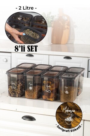 مجموعة MNZ من 8 مع علامة طباعة الشاشة البيضاء Peggy Long Rectangular Storage Container مع غطاء شفاف 2 ليترات BNMPGGY8LIORTA - Vienev